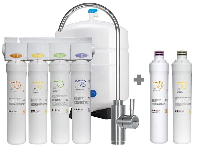 Корейский фильтр для воды PPR-1140 3,2 с краном + комплект картриджей - Фильтр для очистки воды методом обратного осмоса PPR-1140 предназначен для доочистки водопроводной воды и получения чистой питьевой воды, не требующей кипячения. Благодаря обратноосмотической мембране фильтр эффективно снижает соли жесткости в воде. Используемая технология EFRO (Eco Friendly Reverse Osmosis) позволяет существенно снижать объем сливаемой в дренаж почти в 2 раза. Комплектация данного фильтра включает в себя: накопительный бак 12 литров (3,2 галлона), кран чистой воды из нержавеющей стали, а также всё необходимое для монтажа.